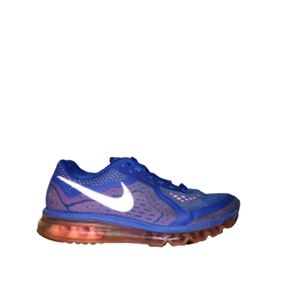 Nike Air Max Running Shoes. Blue with Orange Bottoms, and a Pink Swoosh.